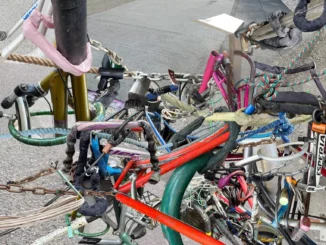 Skulpturale Installation aus ineinander verschlungenen Fahrradrahmen, Ketten und Seilen auf urbanem Pflaster