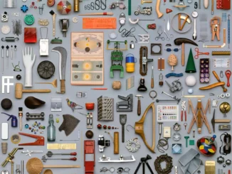 Knolling-Fotografie: Hunderte alltaeglicher Objekte, Werkzeuge und Fundstücke akkurat auf grauem Grund arrangiert