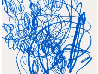 Abstrakte Zeichnung: dynamisch verschlungene blaue Linien und Schleifen auf weissem Grund