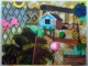 Grossformatige Mixed-Media-Collage: Gartenszene mit Laube, Rankgitter, Pflanzen und Flamingo in leuchtenden Farben