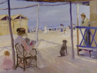 Philipp Klein, Am Strand von Viareggio, 1906: Oelgemaelde, lesende Frau unter Strandpavillon, belebter Sandstrand im Hintergrund