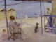 Philipp Klein, Am Strand von Viareggio, 1906: Oelgemaelde, lesende Frau unter Strandpavillon, belebter Sandstrand im Hintergrund