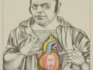 Grafik: Mann hält anatomisches Herz mit Christusgesicht, Bleistiftzeichnung mit farbigen Akzenten