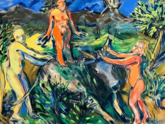 Johanna Kandl, Auf dem Stier tanzen: drei Aktfiguren mit Stier in Landschaft, expressives Gemaelde in Blau, Gruen und Orange