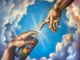 Gemaelde: Zwei Haende vor Wolkenhimmel in Anlehnung an Michelangelos Erschaffung Adams, eine haelt Spruehdose