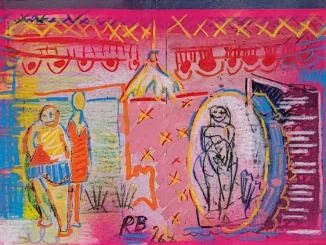 Kleinformatiges Gemälde mit leuchtend pinkem Grund, figürliche Szene mit zwei Personen links und weiblichem Akt im Oval rechts, Monogramm RB