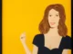Gemaelde: Frauenportrait im Stil von Alex Katz, schwarzes Kleid vor leuchtendem Gelbgrund, flache Farbflaechen