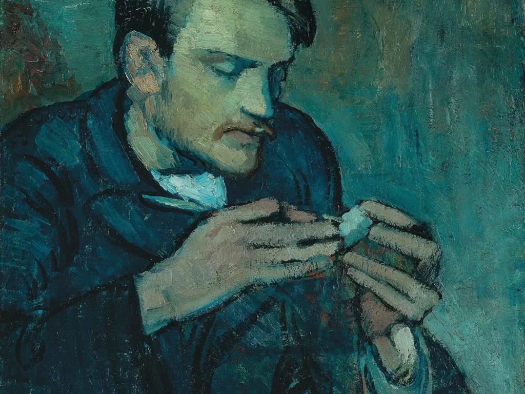 Picasso, Porträt Mateu Fernández de Soto, 1901: Mann mit gesenktem Blick und gefalteten Händen, Öl auf Leinwand in Blautönen