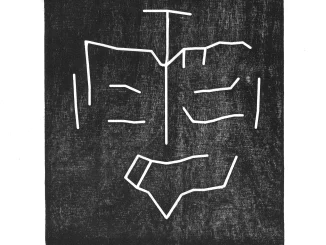 Emil Orlik, Die Weber: Holzschnitt mit weißen Linienkonturен auf schwarzem Grund, stilisierte Weberfigur