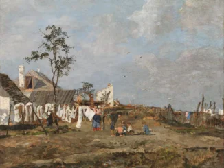 Tina Blau, Beim Wäscheaufhängen, 1880: Oelgemaelde mit Frauen und Kindern vor aermlichen Haeusern, weisse Waesche an Leinen