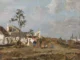 Tina Blau, Beim Wäscheaufhängen, 1880: Oelgemaelde mit Frauen und Kindern vor aermlichen Haeusern, weisse Waesche an Leinen