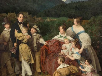 Grossformatiges Familienportraet, Oel auf Leinwand, Biedermeier: Elternpaar mit sieben Kindern vor alpiner Landschaft