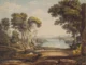 Tischbein, Ideale Landschaft: Aquarell mit Baumkulissen, See, Ruinen und Burganlage im Hintergrund