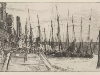 James Whistler, Radierung, 1859: belebter Londoner Hafenkai mit Segelschiffen und Figuren
