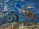 Gemaelde: Zwei Frauen konfrontieren sich – eine auf Elefant, eine auf Monster-Truck – unter Gewitterhimmel